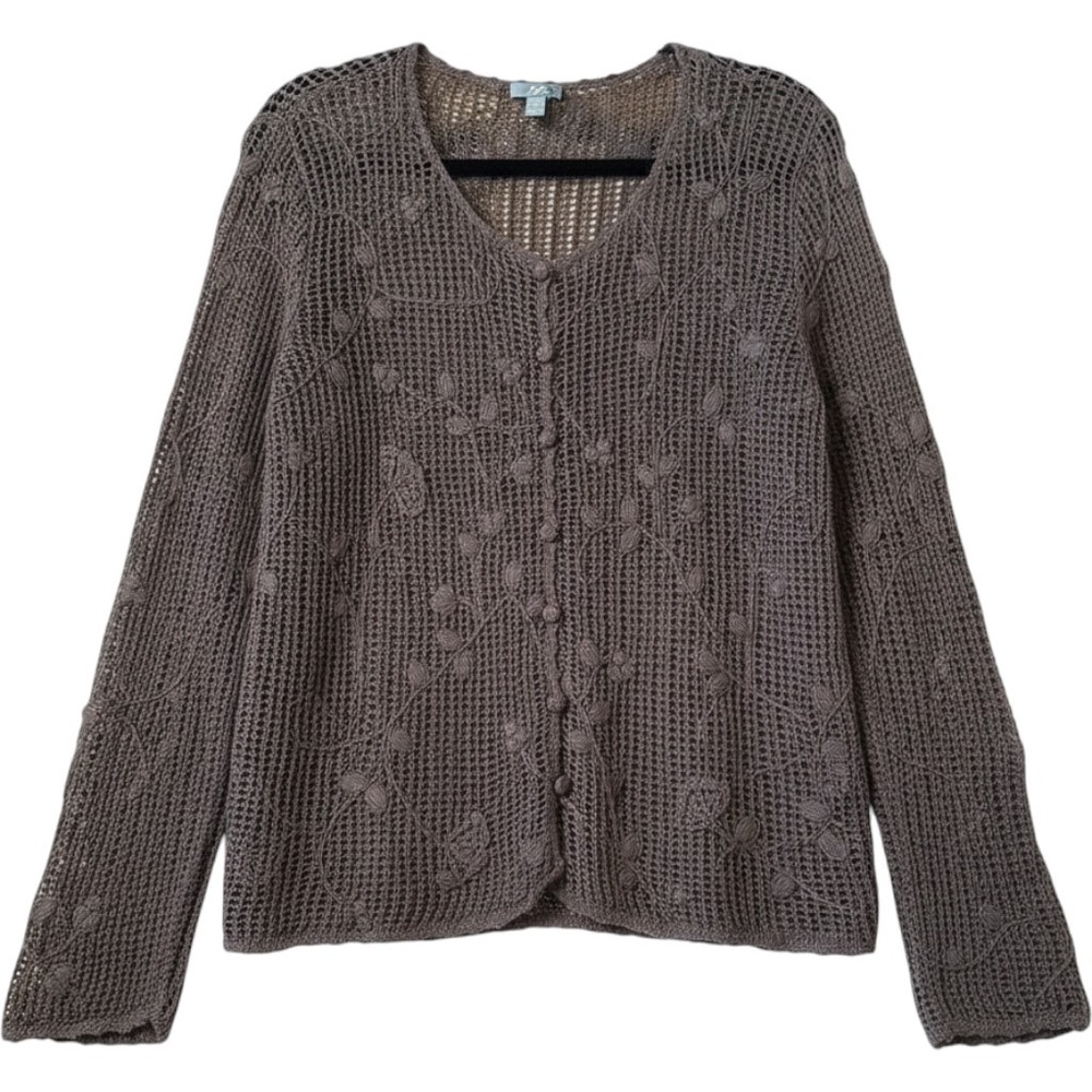 J. Jill Taupe Linen Blend Floral Embroidered Open Knit Cardigan Petite LPâ Boho